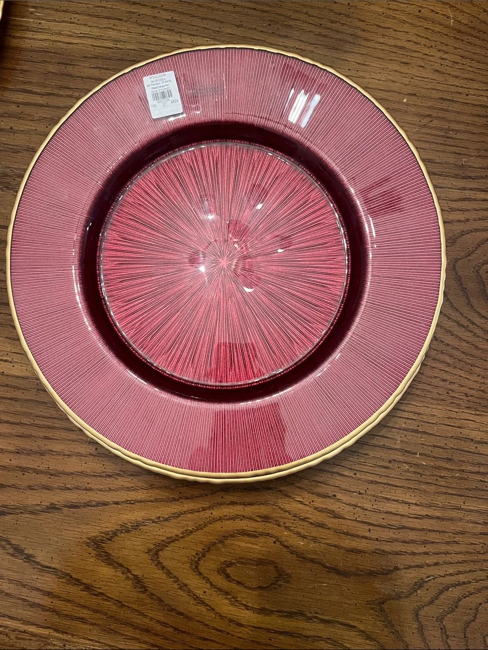 Williams Sonoma Red Charger Glass Plates with Gold Trim, new with tags
